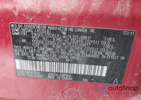 2011 Toyota Rav4 from USA, damaged, VIN 2T3BF4DV9BW127428